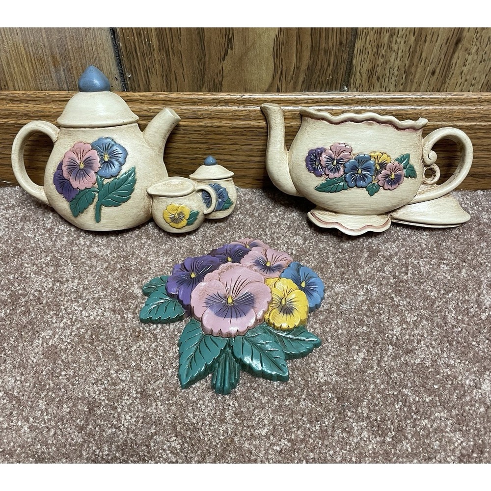 Vtg Burwood Home Interiors Teapot Cream Pansy Flower #3320 wall plaques 3pc set
